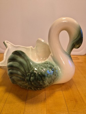 Vintage Hull Coronet #213 TealGreen And White Swan Planter Made In USA 9.5  Long