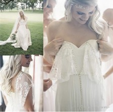Chiffon Layered Boho Bridal Gown Lace Open Back Wedding Dress Size 4 6 8 10 12 