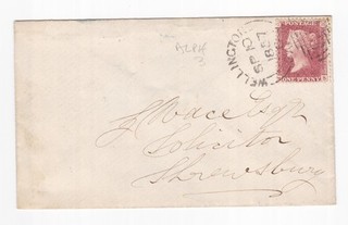 1857 QV 1d PENNY RED STAMP ON COVER WELLINGTON SIDEWAYS DUPLEX TO SHREWSBURY