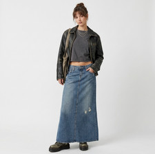 Vintage Y2K Hint Low Rise Denim Maxi Skirt 9 Long Jean Distressed Grunge Indie