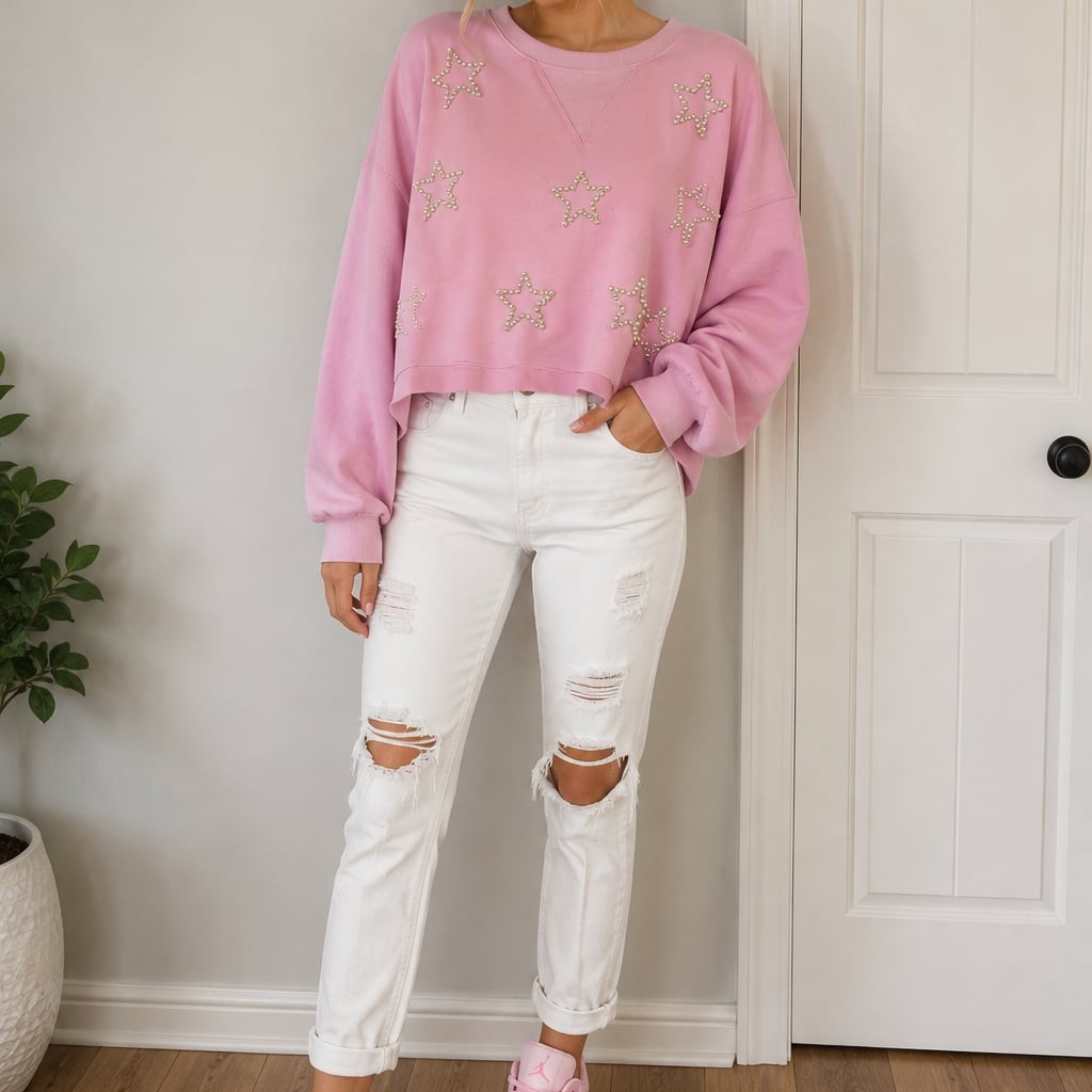 Pink Cropped Pullover Sweatshirt with Embellished Pearl Stars
