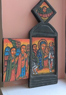 Hand Crafted Hand Painted Ethiopian Orthodox Wooden Icon The Flight Into Egypt 