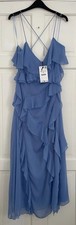 ZARA BLUE THIN CROSSOVER STRAPS MIDI CHIFFON RUFFLED LINED DRESS SIZE M BNWT