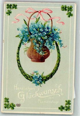 38152246 - Ein Korb voller Vergissmeinnicht Gluecksklee E.A.S. Namenstag 1914