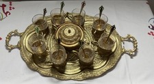 Vintage Handgraviert Messing Teeservice Tablett Tassen Zuckerdose Emaille Löffel Mitte Es