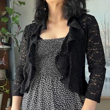 Black Lace Bolero Shrug Crop Cardigan Sheer Ruffle Front Romantic Layering Small