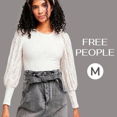 Free People Tea Time  Jasmine Women's White Flora Lace Blouse Top - Size MEDIUM 