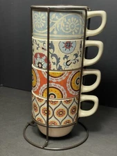 Pier 1 Stackable Moroccan Boho Paisley Stacked Coffee Tea Mug Cup Set Of 4