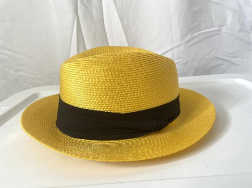 Vintage 90’s Panama Hat Bright Yellow Straw Womens Sun Hat Black Silk Band EUC - Picture 5 of 5