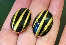 Signed Vintage Monet Clip Earrings Black Enamel Gold Tone 1" High