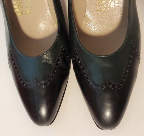 Vintage Ferragamo Emerald Green Black Pumps Shoes Heels 8.5AA Spectator Wingtip - Picture 2 of 8