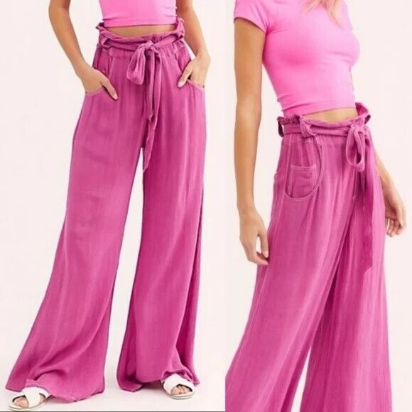 【HI FI FNK】Chat Wide Banding Pants Free People One Pink Highwaisted 5 Pocket Slouch Wide Leg