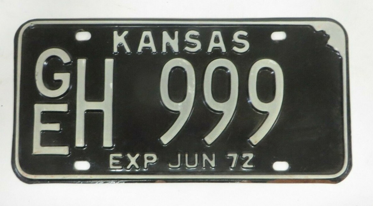 Vtg 1972 KANSAS License Plate Tag H 999 GEARY County Black w