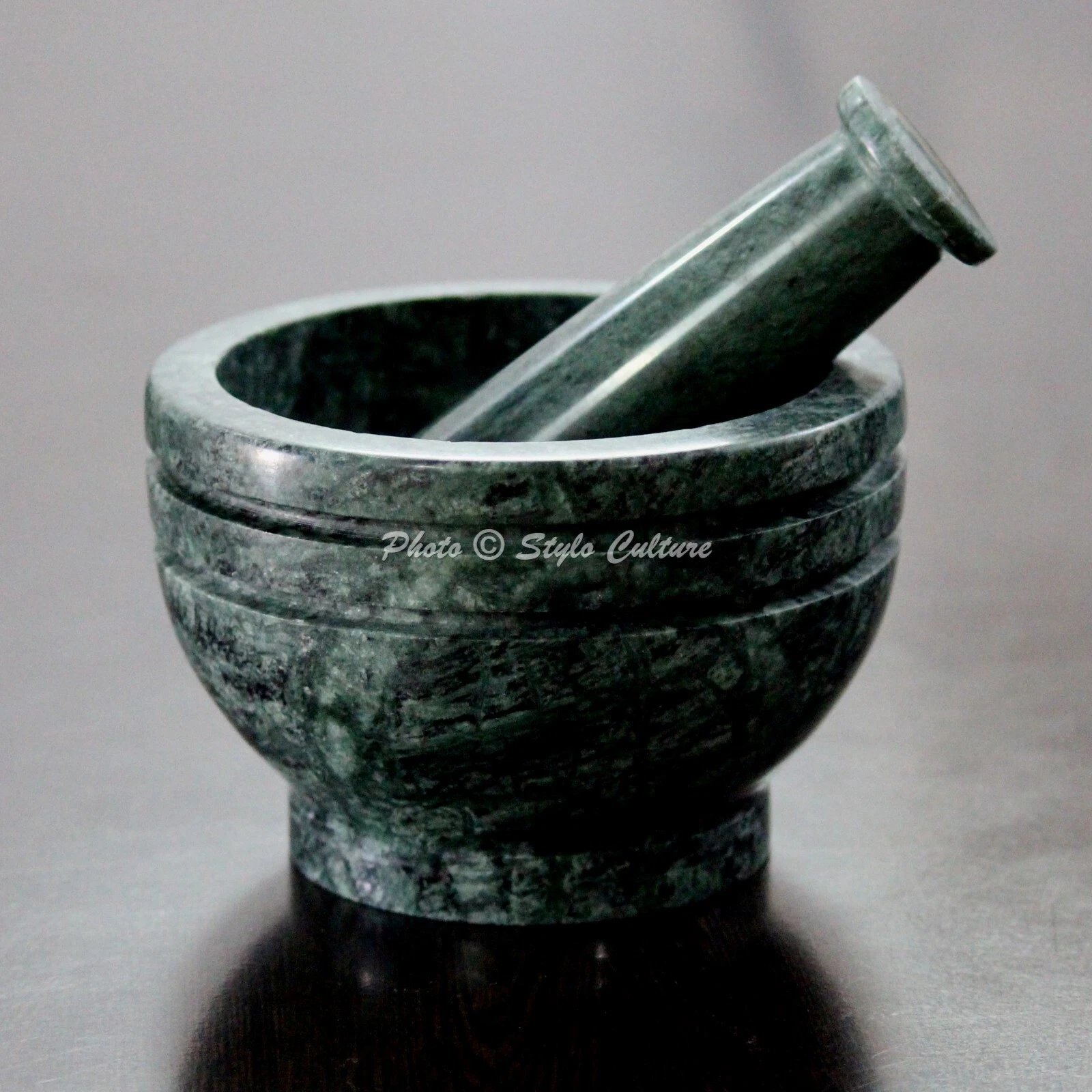 Indian Round Moss Green Mortar Pestle Set Home Kitchen Marble Pharmacy Ayurveda