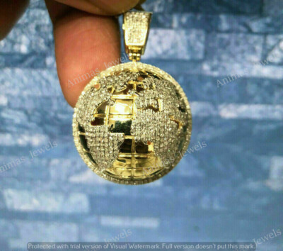Men's 1.50 CT Moissanite Domed 3D World Map Globe Pendant 14K Yellow Gold Plated