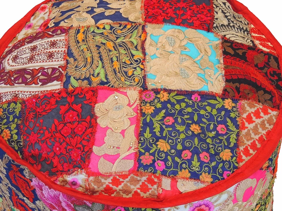 Bohemian Round Pouf Footstool Cover Embroidered Floor Seat Ottoman Slipcover 18" - Image 2 of 4