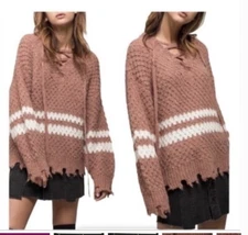 Anthropologie Moon River Striped Jagged Hem Tie Front Fuzzy Sweater- Medium