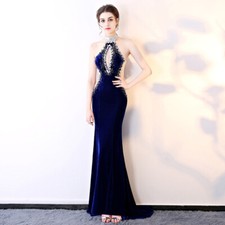 Sexy Evening Dress Velvet Halter Long Catwalk Costume Rhinestone Party Gown