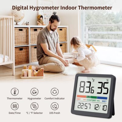 VOCOO Digital Indoor Thermometer & Humidity Monitor - LCD Display With Date, Clock & Comfort Indicator