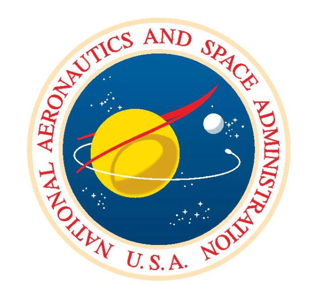 Blue NASA decal with yellow planet, red rocket, white text “Aeronautics and Space Administration U.S.A.”