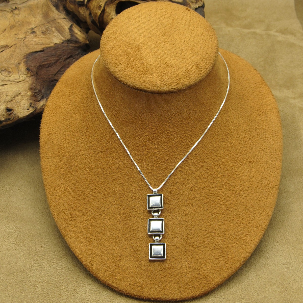 Sterling Silver Three Vertical Squares Pendant Necklace