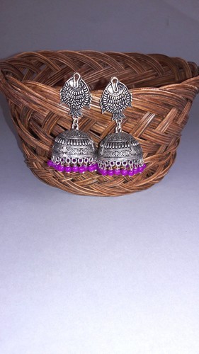 INDIAN OXIDIZED SILVER PLATED HANDMADE JHUMKAS EARRINGS DANGLERS - Picture 3 of 6