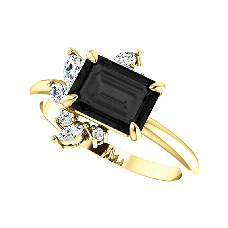 3Ct Emerald Cut Black Diamond Solitaire Cluster Women Ring 14k Yellow Gold Over - Image 2 of 4