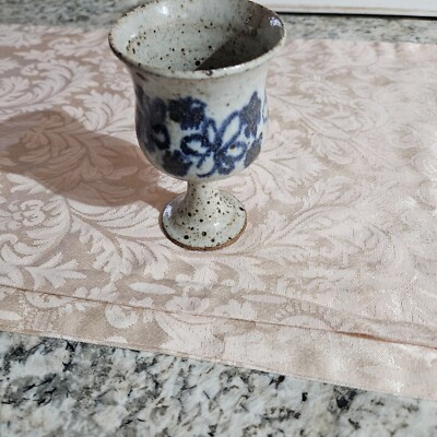 vintage goblet, egg stand or rinse cup,  beige with blue design