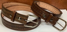 2 Hand Tooled Brown Leather Belts Size 42 USA Removable Buckle