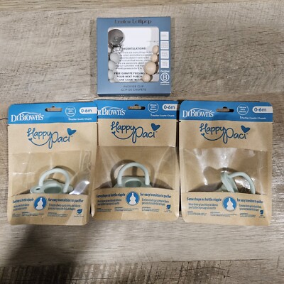 Lot 3x Dr. Brown's Happy Paci 100% Silicone Pacifier 0-6M + Clip Loulou Lollipop