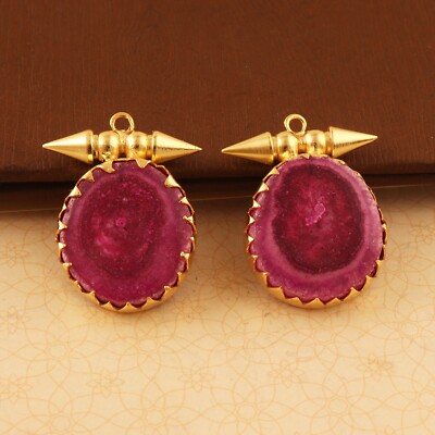 Unique Design Pink Solar Quartz Gold Plated Crown Set Handmade Pair Connecters