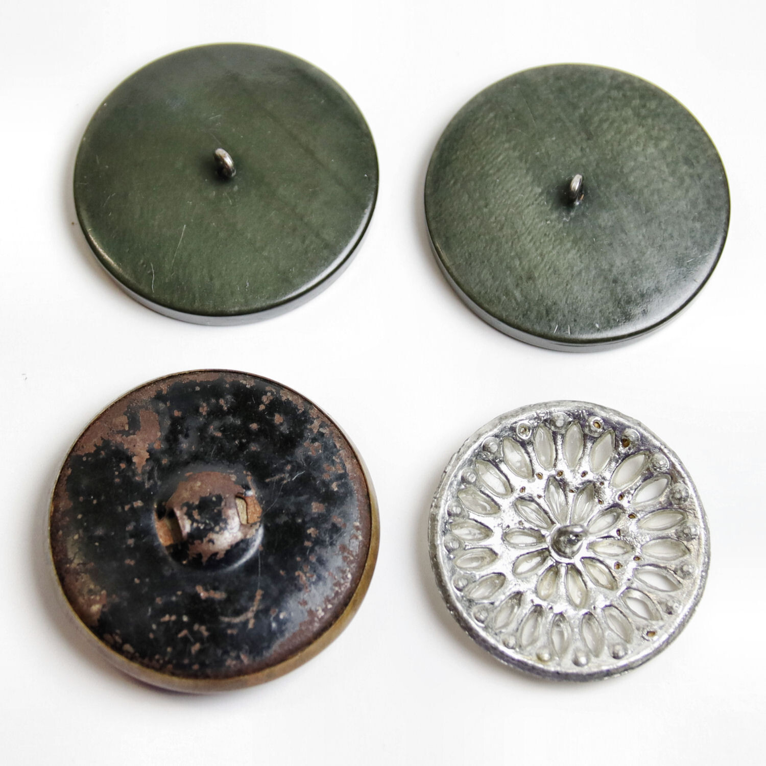 4 Vintage Buttons, 2 Textured, 1 Rhinestone, 1 Celluloid. Round Shank & Tunnel