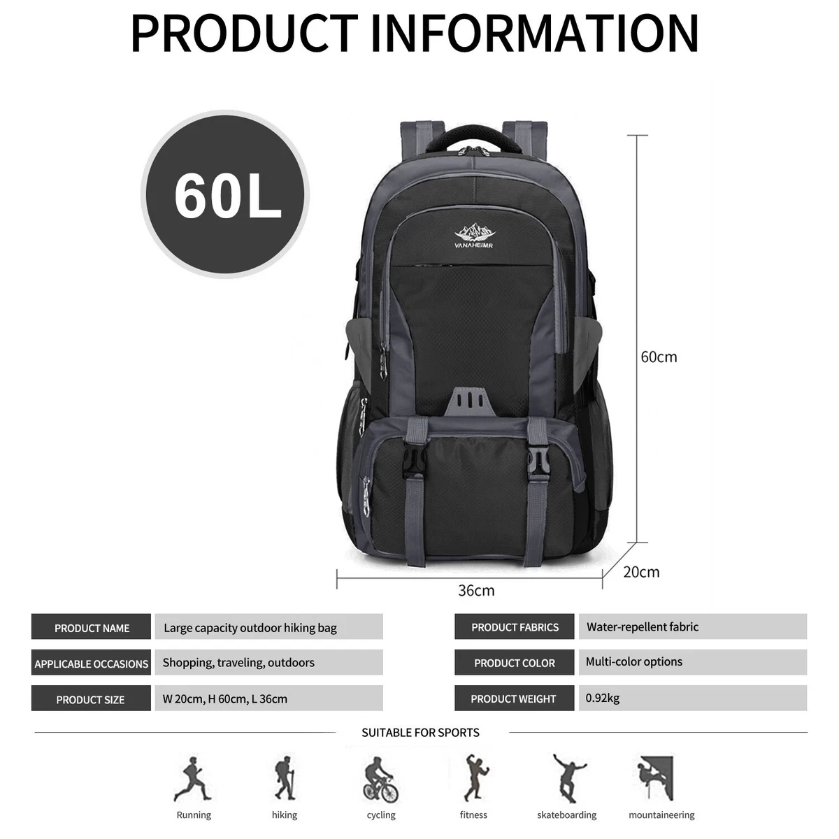 60L Large Rucksack Waterproof Outdoor Backpack Travel Hiking Camping Sports  Bag | Ebay