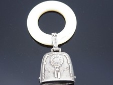 1943 Webster Sterling Silver Birth Record Baby Rattle w/ MOP Teething Ring