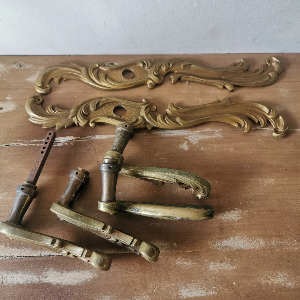 Ensemble 4 Poignées Porte Avec 2  Plaque Propreté Bronze Style LOUIS XV /  A328 - Photo 2/4