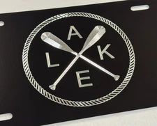 Lake Emblem Car Tag Diamond Etched Engraved Black Vanity Front License Plate