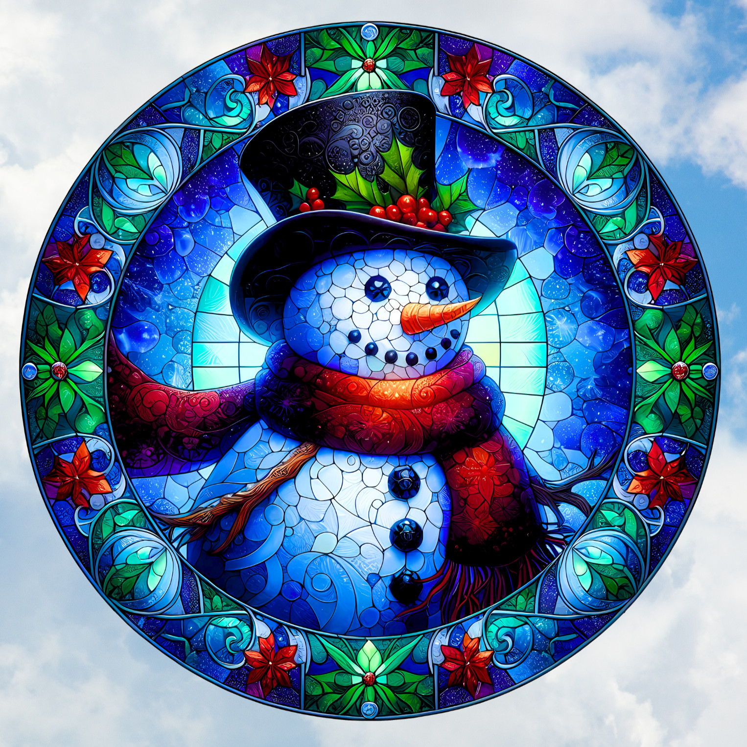 Snowman Faux Stained Glass WINDOW CLING Sun-catcher Size 8" Round Vinyl