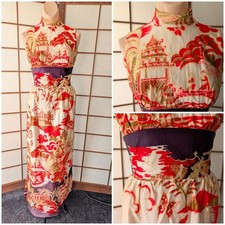 Vintage 50s 60s Hostess Gown Tunic Dress w/ pants Asian Print High Side Slits XS
