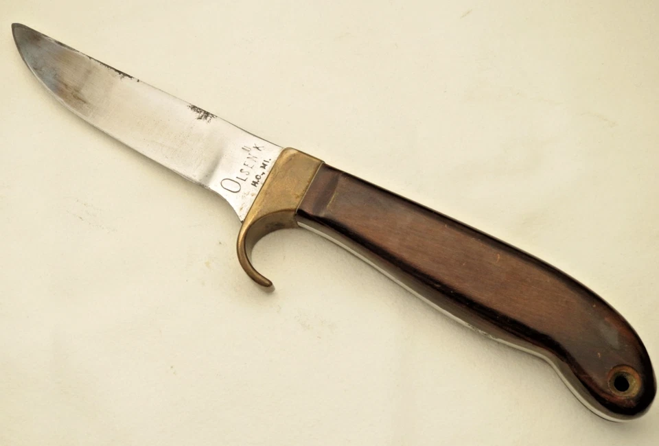 Cuchillo de caza de hoja fija vintage OLSEN KNIFE CO HC MI asas de madera y funda Foto 4 de 4