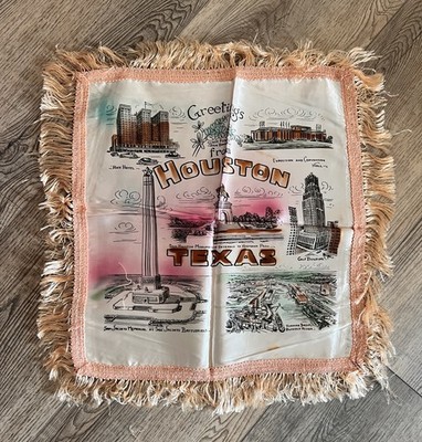 VTG Silk Printed Souvenir Pillow Houston TX 16X18  Plus Fringe Kitschy