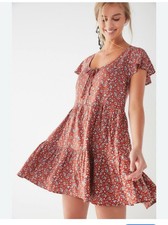 Urban Outfitters Tiered Baby Doll Dress Red Floral Cottagecore Hippie Peasant M