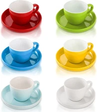 Set of 6 Espresso Cups with Saucers, 3 oz. Small Ceramic Cups