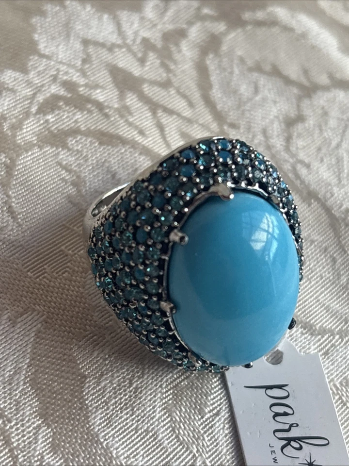 Anel Park Lane Eva tamanho 10 esgotado novo com etiquetas cabochão azul oval pavê cristais raros - Imagem 2 de 4