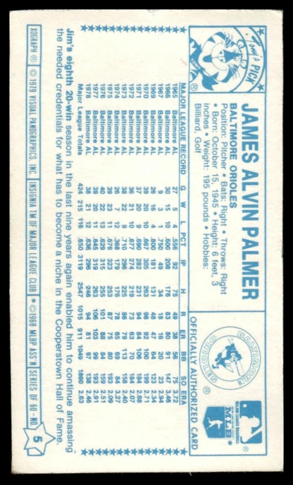 1979 Kellogg's 3-D Super Stars #5a Jim Palmer - Image 2 of 2
