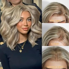Short Bob Ash Blonde Highlight Wave 100 Human Hair 13x4 Lace Front Wig