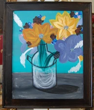 ORIGINAL FRAMED ACRYLIC MODERN ABSTRACT PAINTING OF FLOWERS ON VASE A STILL LIFE
