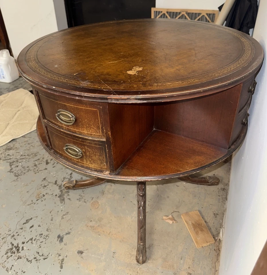 Duncan Phyfe 1930 ~ Mesa de tambor giratoria superior de cuero para biblioteca ~ Caoba ~ ¡Usada en excelente estado! Foto 3 de 4