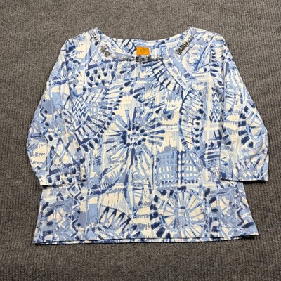 Ruby Rd Shirt Womens L Blue White Abstract Print Beaded Neck 3/4 Sleeve Knit Top