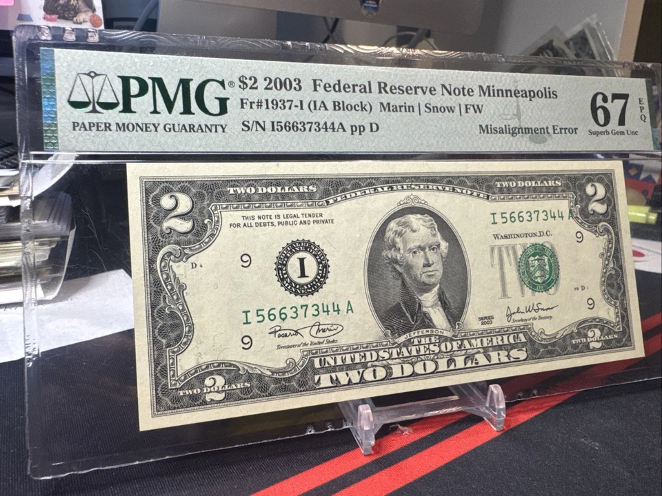 😎 2003  $2 Federal Reserve Note MINNEAPOLIS- "MISALIGNMENT ERROR" PMG 67 EPQ - Image 3 of 4