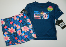 NWT Hurley boys 2-pc Blue Hawaiian Flower Shorts Trunks Rash Guard 2T